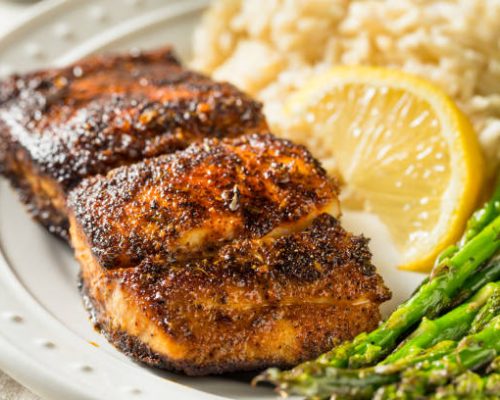 homemade blackened mahimahi white fish with asparagus and rice